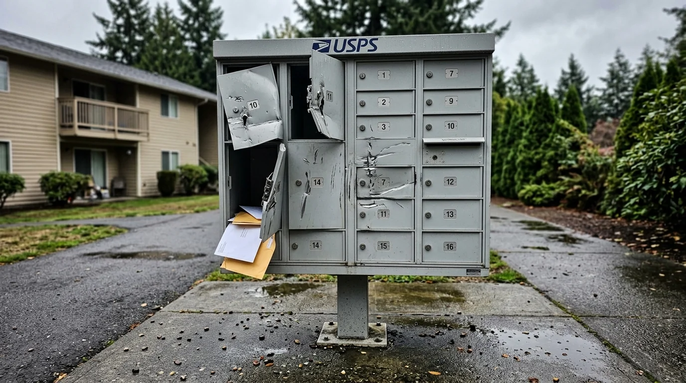 USPS cluster mailbox outside an apartment complex showing pry damage and forced-open compartments from a mail theft incident