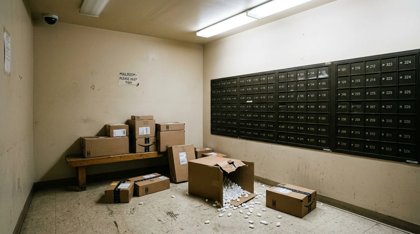 Unmonitored apartment complex mailroom with scattered packages on the floor near mailboxes illustrating porch piracy vulnerability