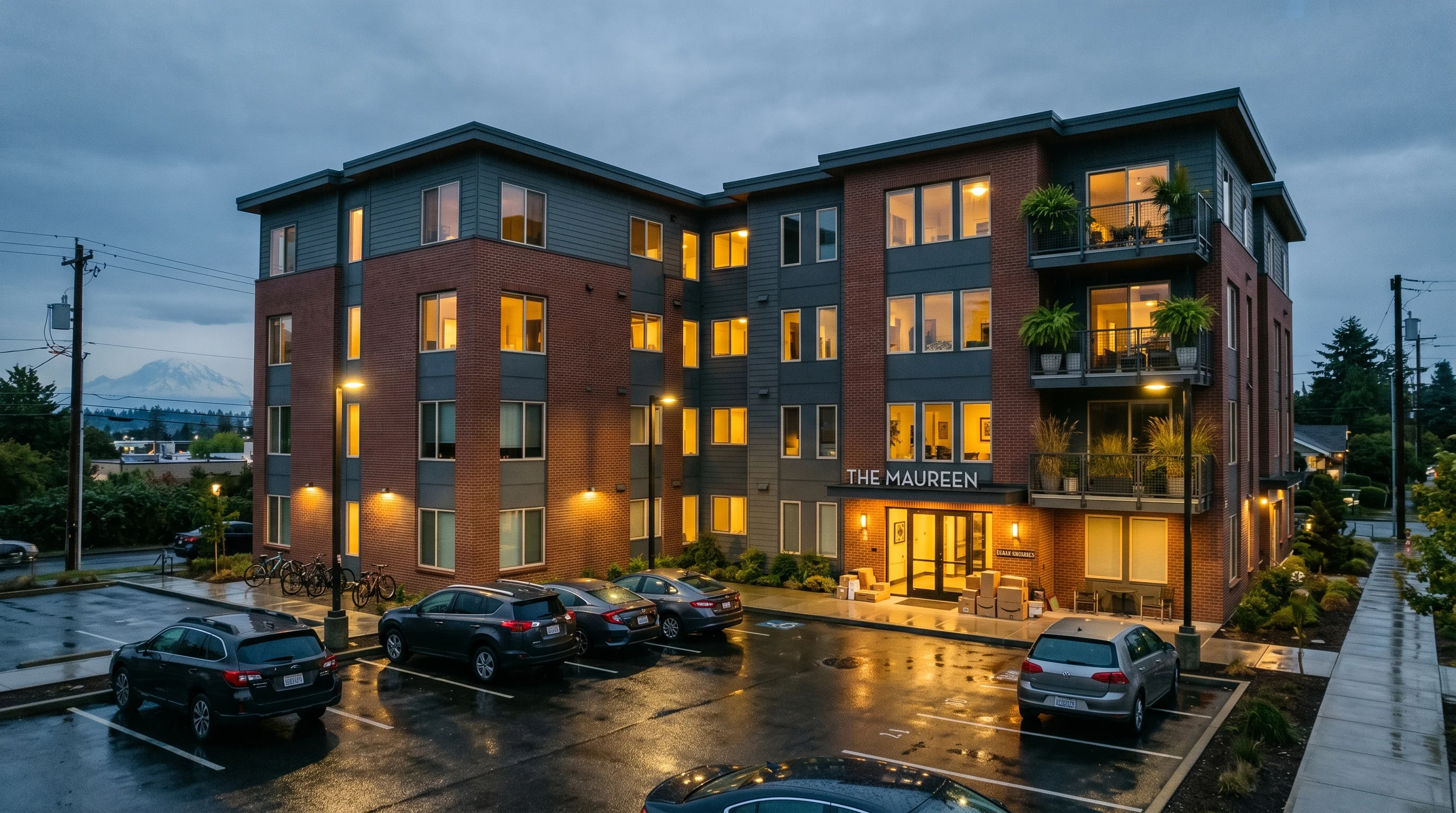 Large apartment complex in the Seattle-Tacoma area at dusk with lit windows, parking lot, and delivery packages in the foreground