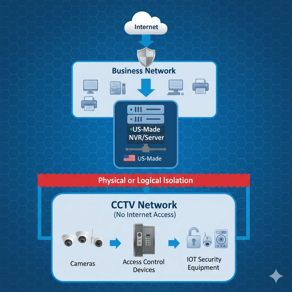 Recommended secure CCTV network architecture with US-Made NVR gateway and complete isolation
