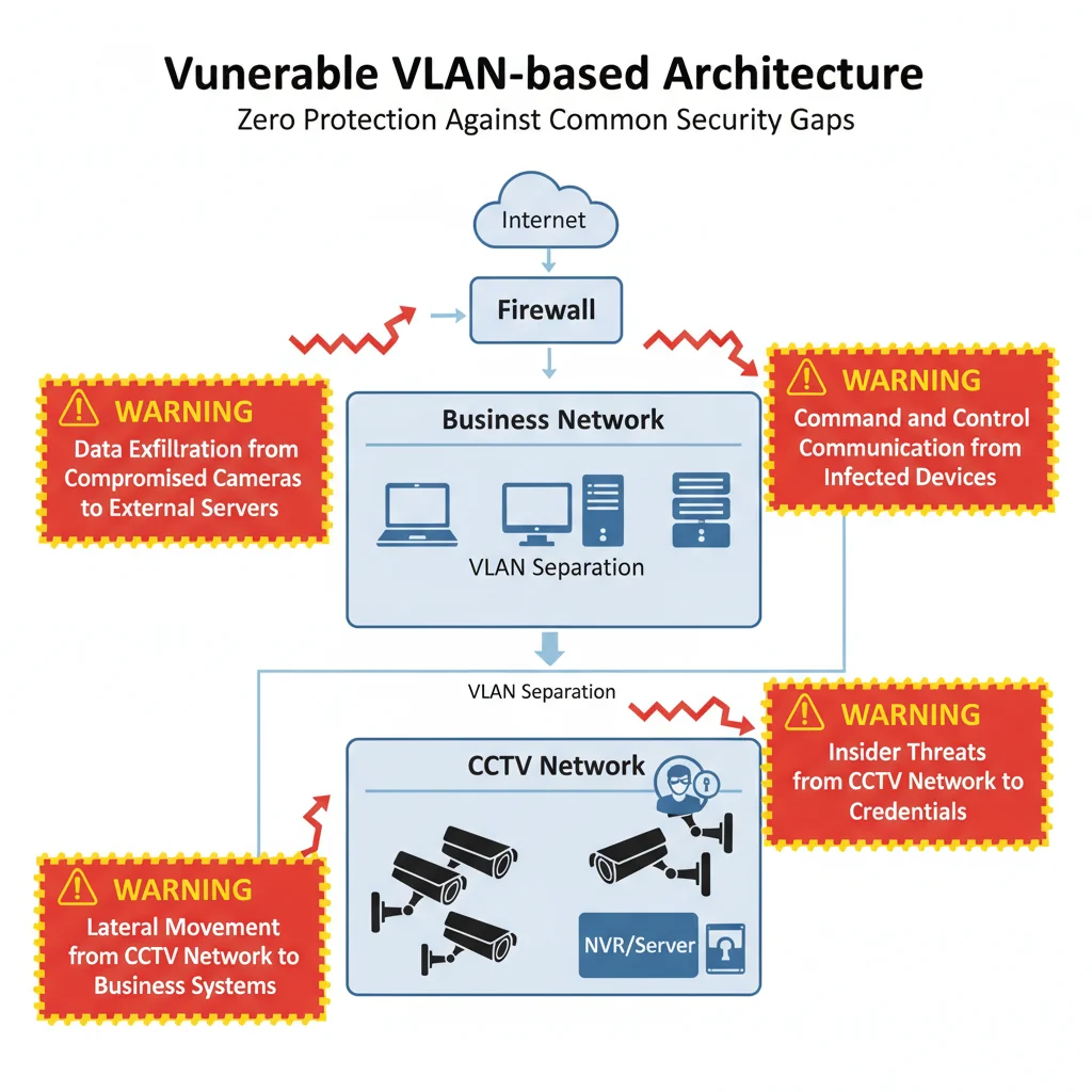 Vulnerable VLAN-based architecture showing security gaps and data exfiltration paths