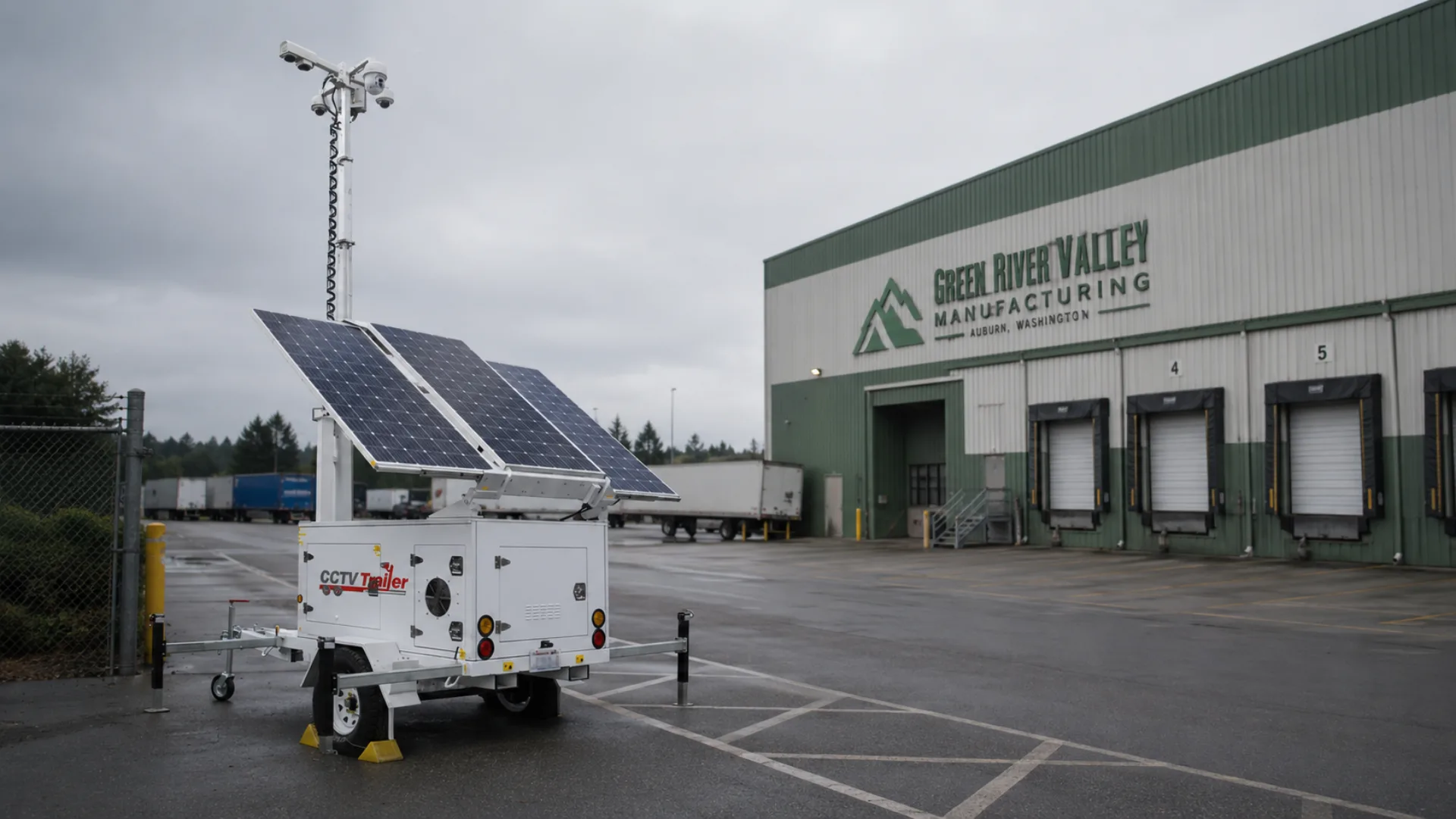 Mobile CCTV surveillance trailer at the entry gate of an Auburn manufacturing facility in the Green River Valley industrial corridor under overcast Pacific Northwest skies