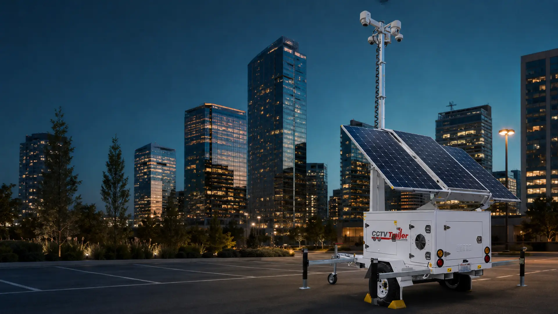 Mobile CCTV surveillance trailer parked on a corporate campus lot with downtown Bellevue glass office towers at blue hour in the background