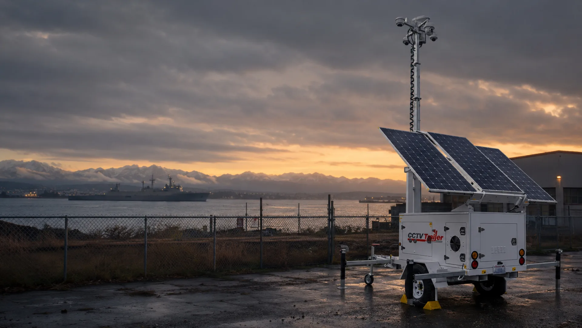 Mobile CCTV surveillance trailer parked at the chain-link perimeter of a Bremerton waterfront commercial site with Puget Sound and a gray naval-style vessel silhouetted in the distance at dusk