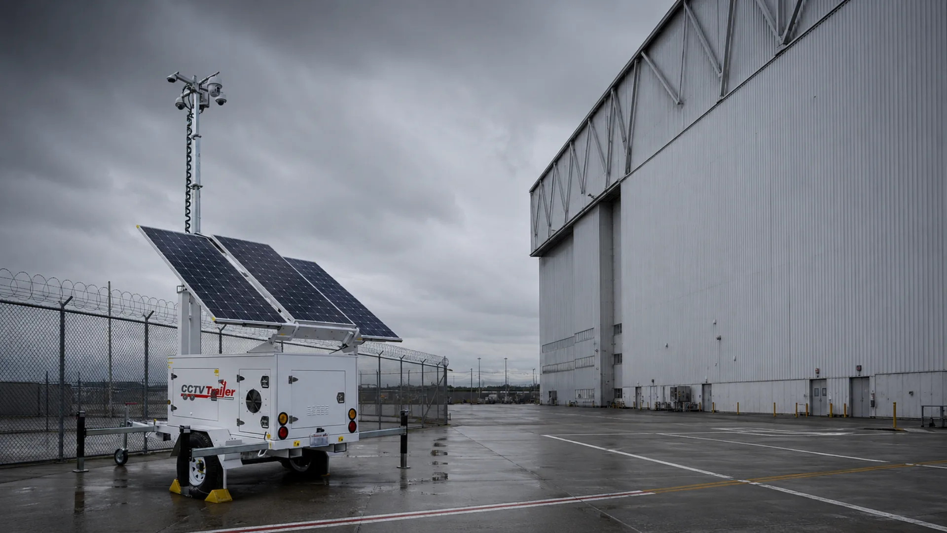 Mobile CCTV surveillance trailer at the chain-link perimeter of a large Everett aerospace-supplier yard under low Pacific Northwest overcast skies