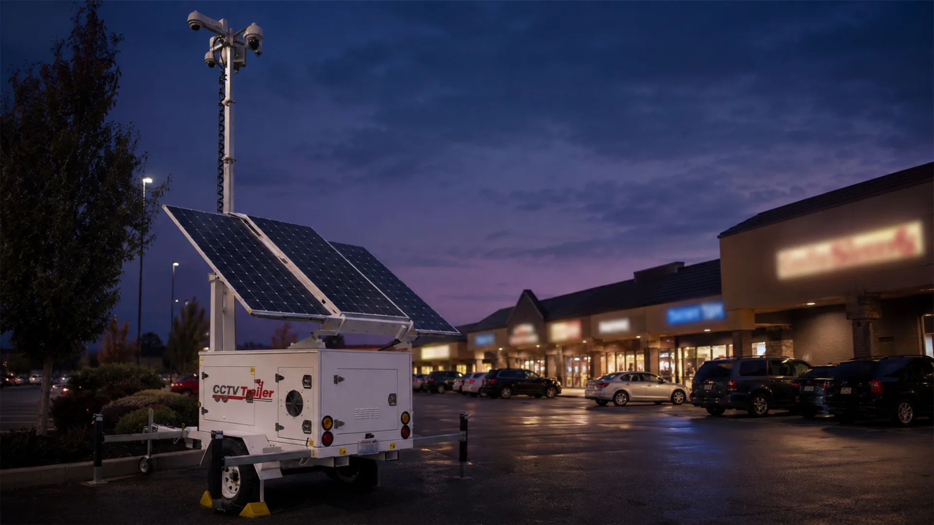 Mobile CCTV surveillance trailer parked at the edge of a Pacific Highway South retail strip parking lot in Federal Way at dusk