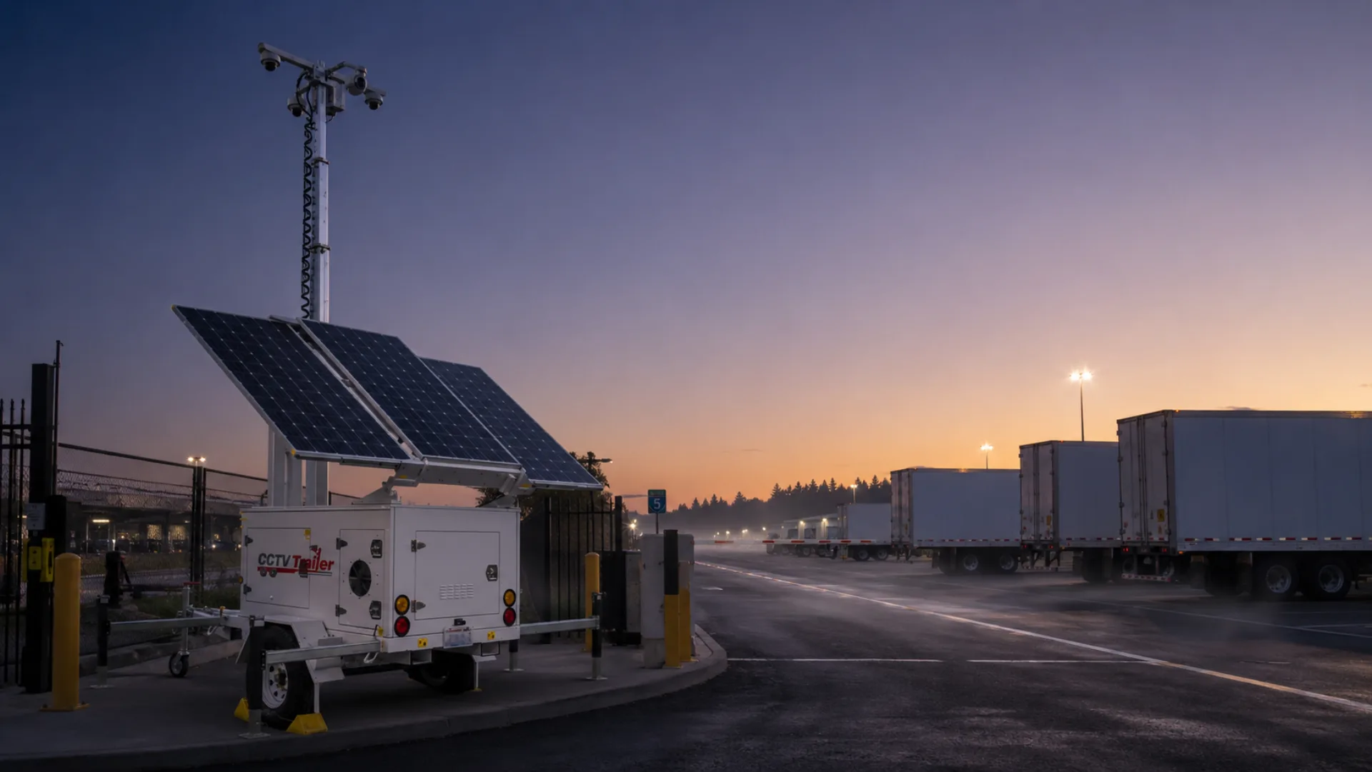 Mobile CCTV surveillance trailer at the entry gate of a Fife trucking freight yard near Interstate 5 in early-morning pre-dawn light with rows of semi-trailers