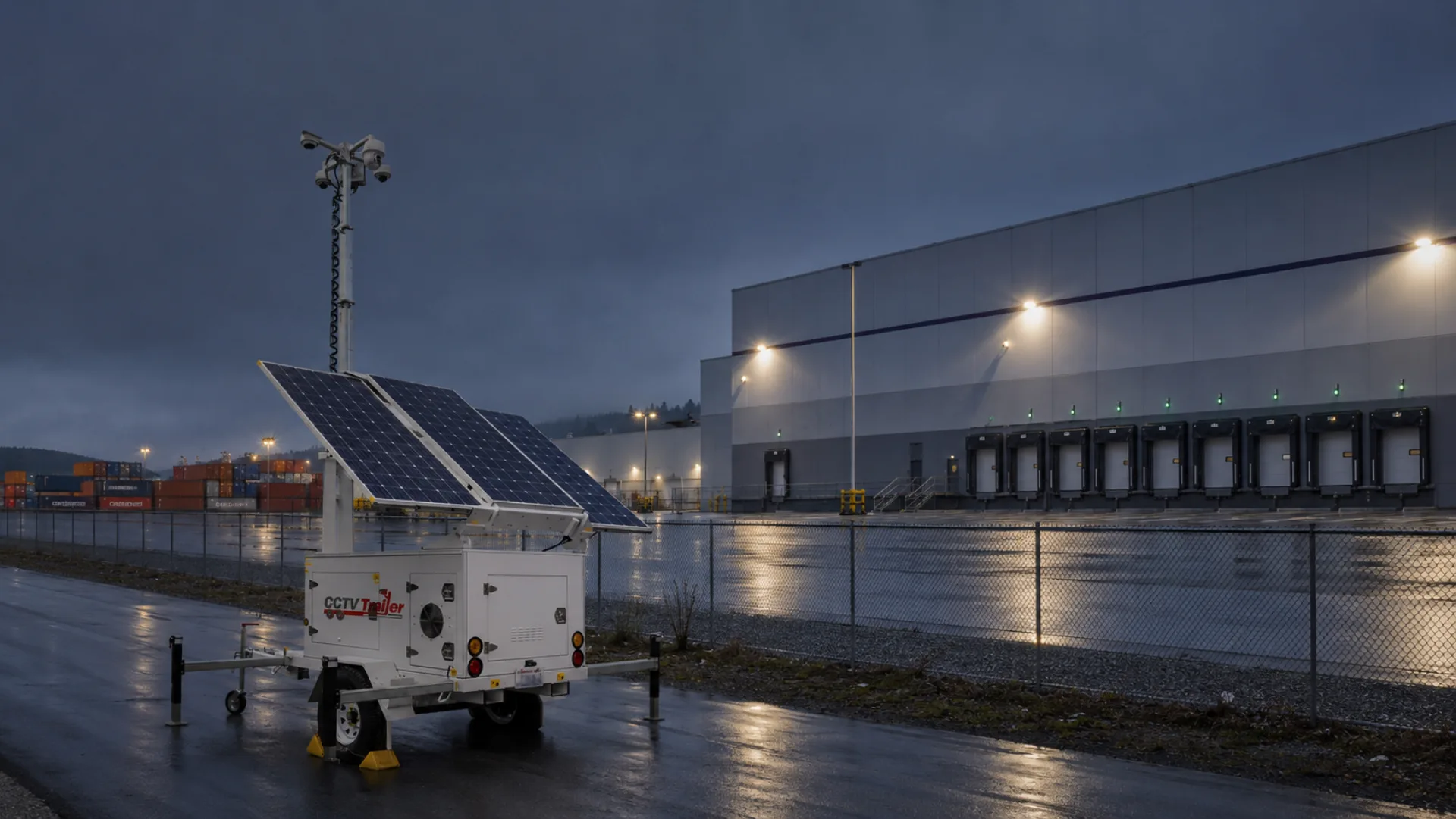 CCTV surveillance trailer parked at the perimeter of a Kent Valley warehouse distribution center at dusk, loading docks lit by overhead lights