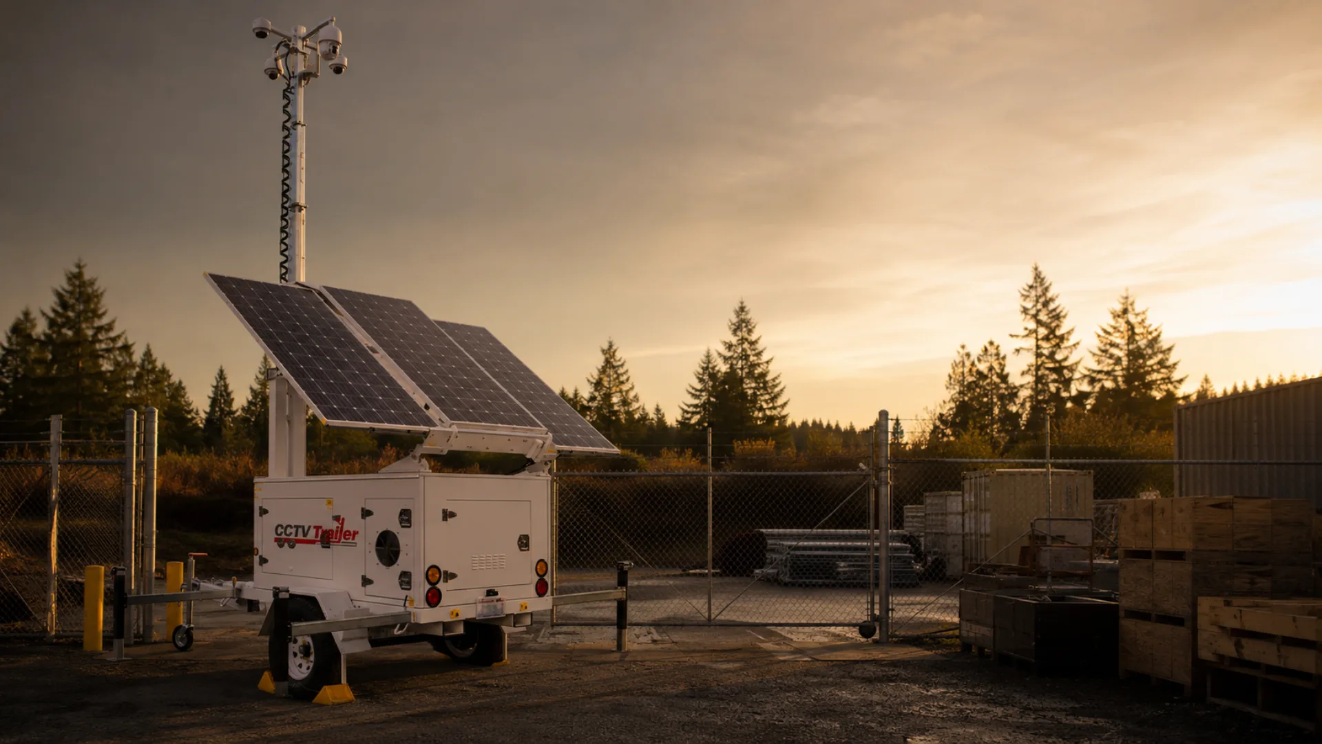 Mobile CCTV surveillance trailer at the entry gate of a JBLM-adjacent commercial contractor property in Lakewood at golden hour with chain-link perimeter and Douglas-fir trees