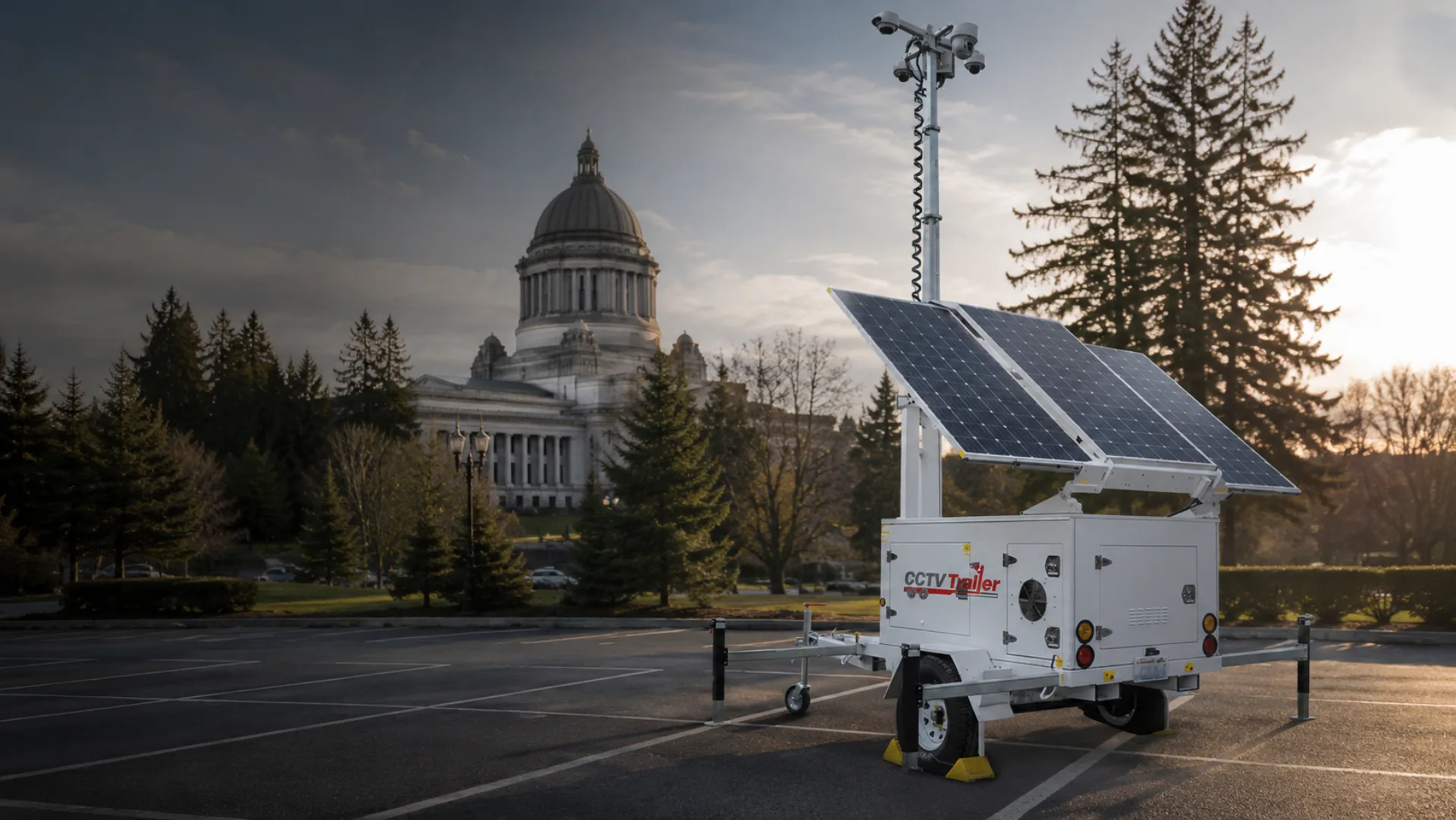 Mobile CCTV surveillance trailer parked in a commercial lot near the Washington State Capitol campus in Olympia under soft Pacific Northwest afternoon light, the Legislative Building dome visible in the distance