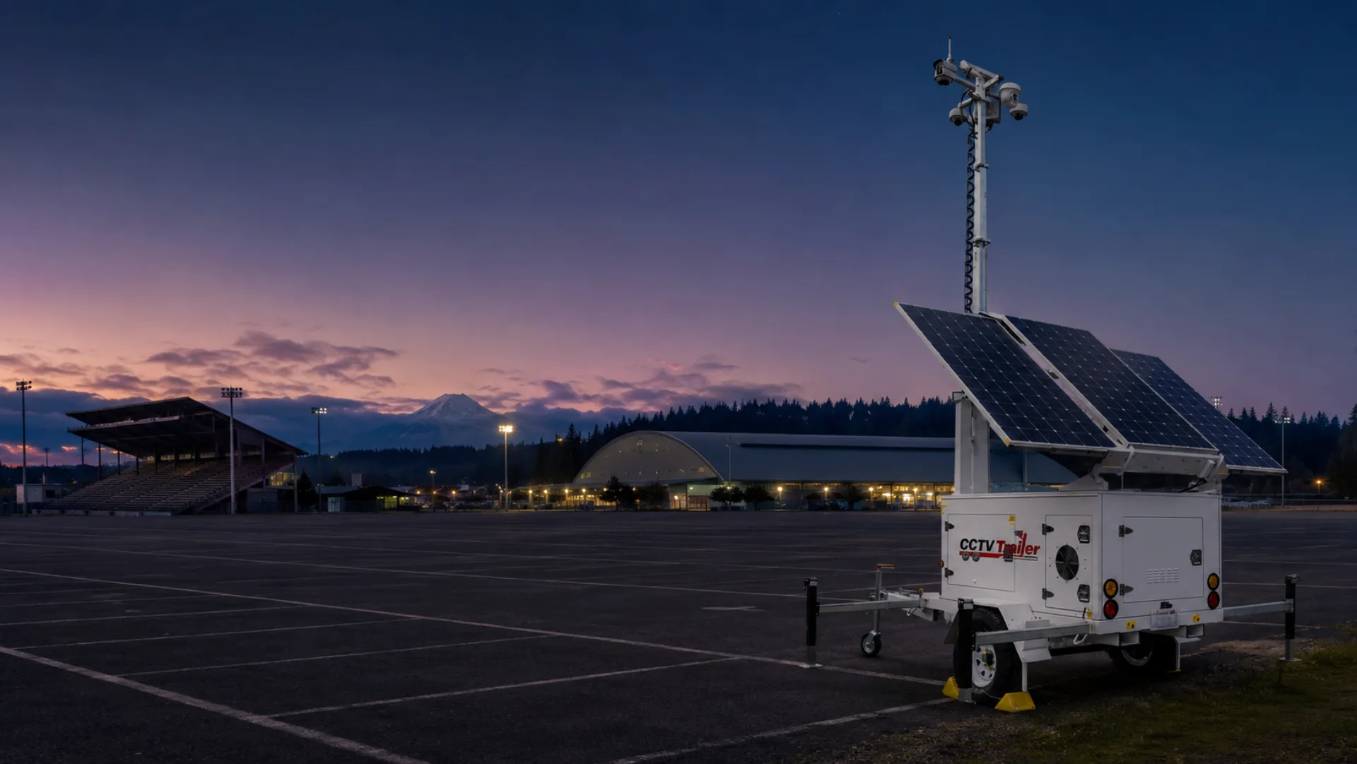 Mobile CCTV surveillance trailer at the edge of a Puyallup fairgrounds parking field at dusk with a grandstand silhouette and Mount Rainier visible in the distance