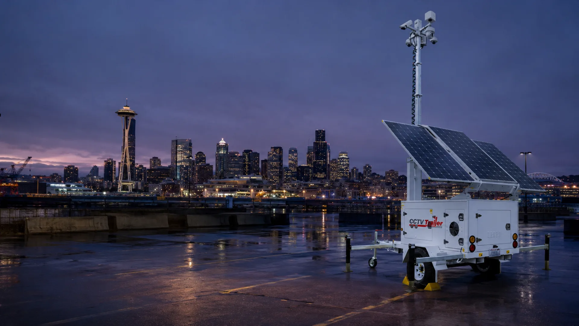 Mobile CCTV surveillance trailer parked on a commercial lot with the Seattle skyline and Space Needle silhouetted against a dusk sky in the background