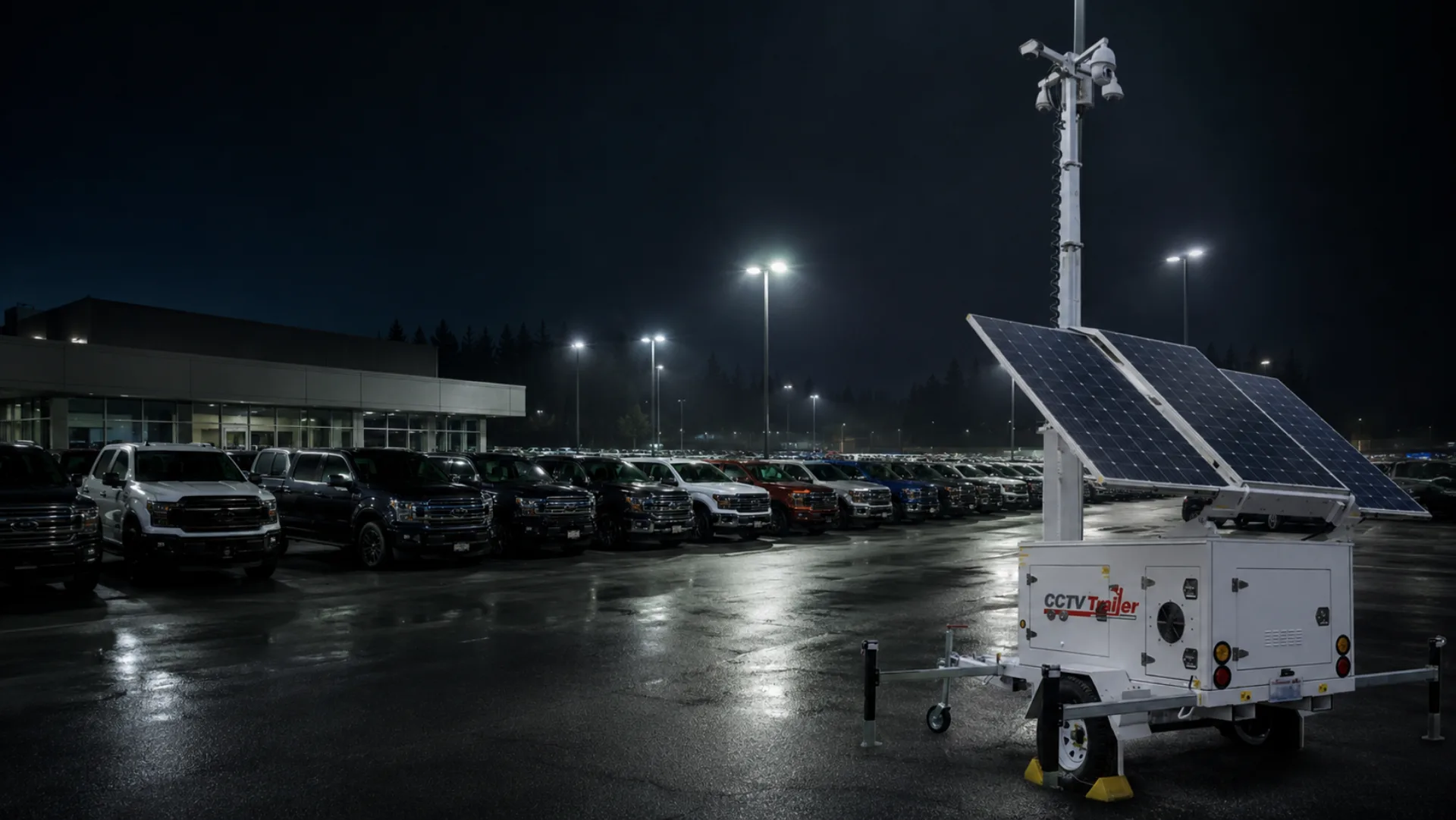 Mobile CCTV surveillance trailer overlooking rows of new vehicles in an auto dealership lot at night under overhead floodlight poles