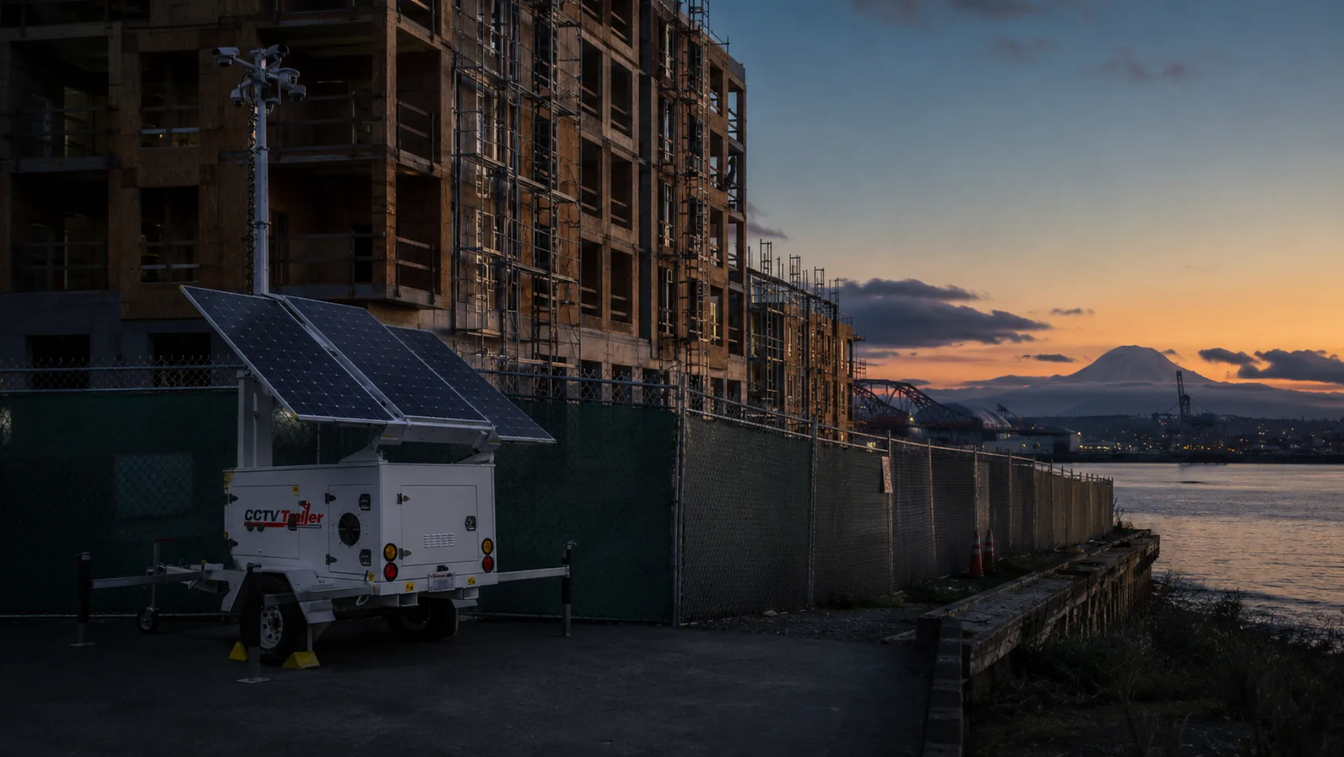 Mobile CCTV surveillance trailer guarding the chain-link perimeter of a Tacoma waterfront mixed-use construction site at dusk with scaffolding and Mount Rainier silhouetted in the distance
