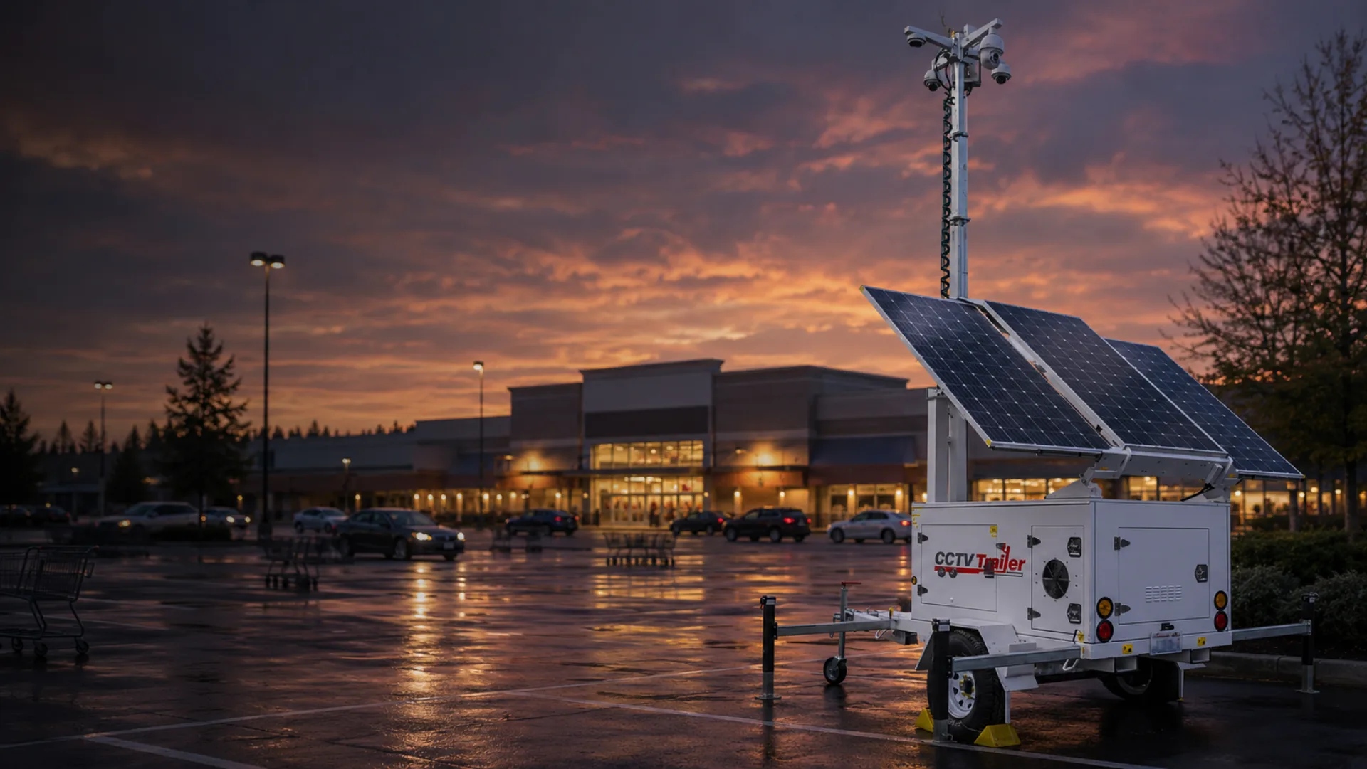 Mobile CCTV surveillance trailer at the edge of a big-box retail center parking lot at dusk with softly lit storefronts and scattered shopping carts