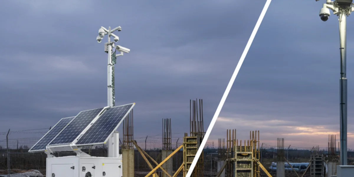 Construction site with security cameras and mobile surveillance trailer
