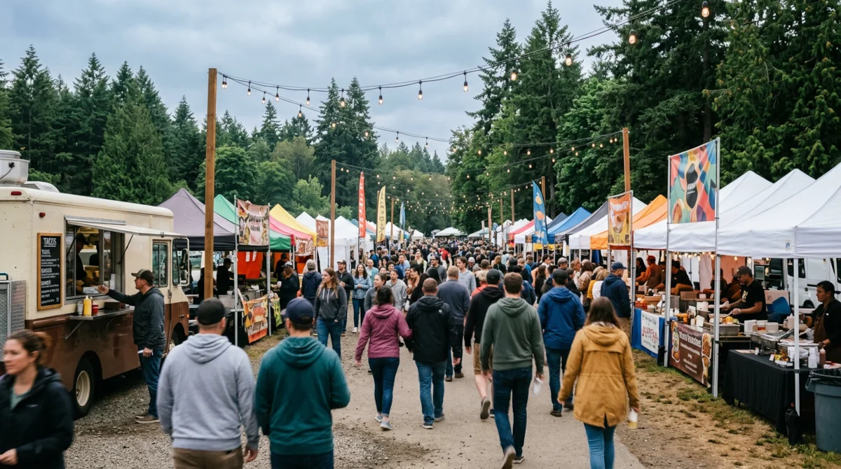 Crowded outdoor summer festival in the Pacific Northwest with food vendor tents, string lights, and attendees filling a park setting