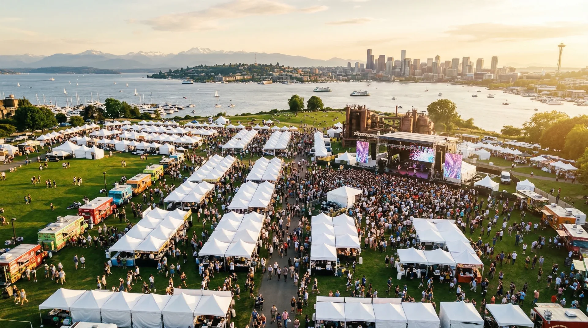 Outdoor festival grounds in Seattle with crowds, vendor tents, and the city skyline — the kind of event that requires layered security planning