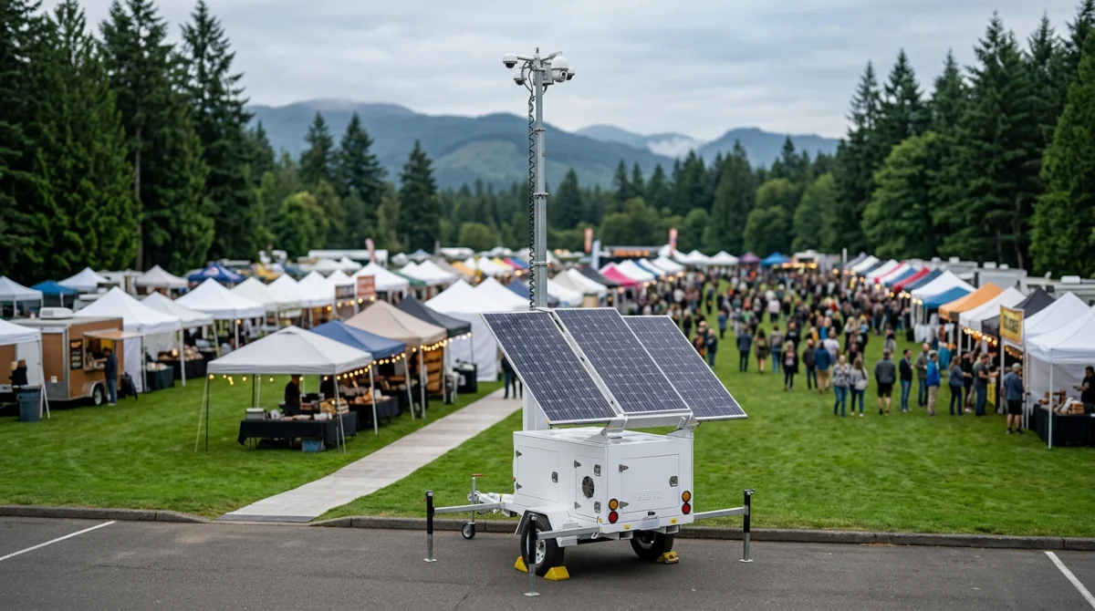 Mobile CCTV surveillance trailer with elevated camera mast deployed at an outdoor festival venue providing perimeter and parking lot security coverage
