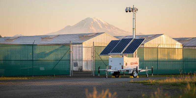 Mobile surveillance trailer protecting cannabis cultivation facility