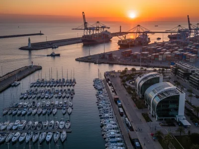Marina with boats and port cargo requiring remote security monitoring