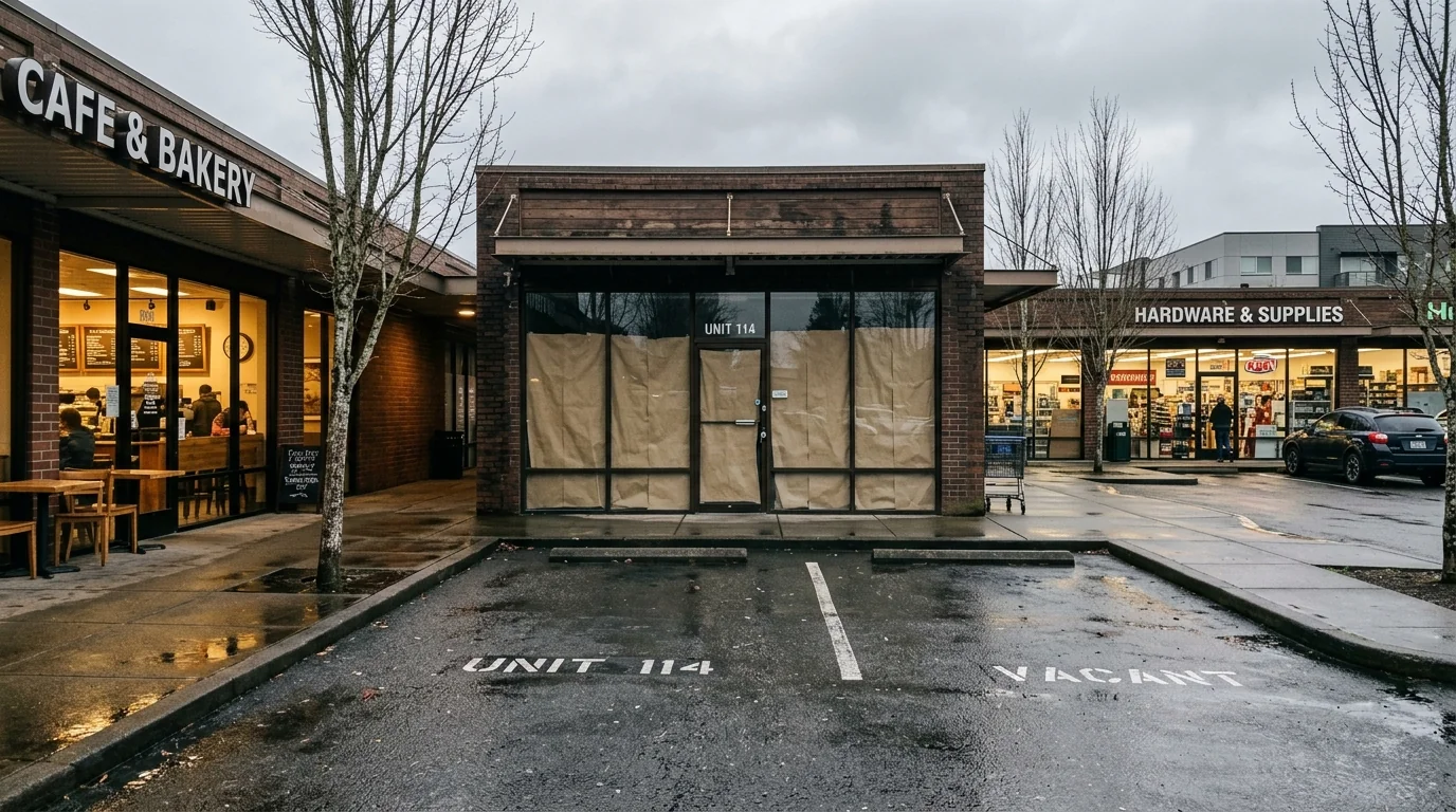 Vacant retail storefront in a Puget Sound shopping center with boarded windows showing the impact of store closures across western Washington