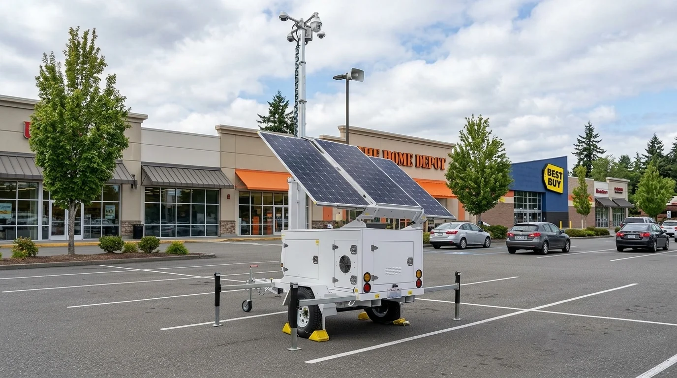 Mobile CCTV surveillance trailer deployed in a retail shopping center parking lot providing elevated security coverage of the property