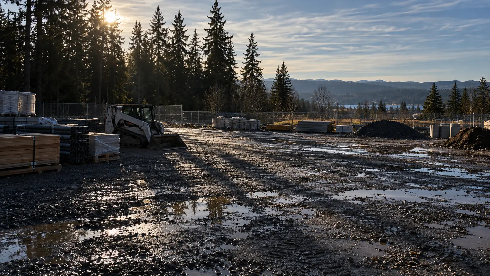 A muddy construction site in Western Washington with a low winter sun shining through a row of tall Douglas firs, throwing long shadows across the wet gravel toward a skid steer and stacked materials