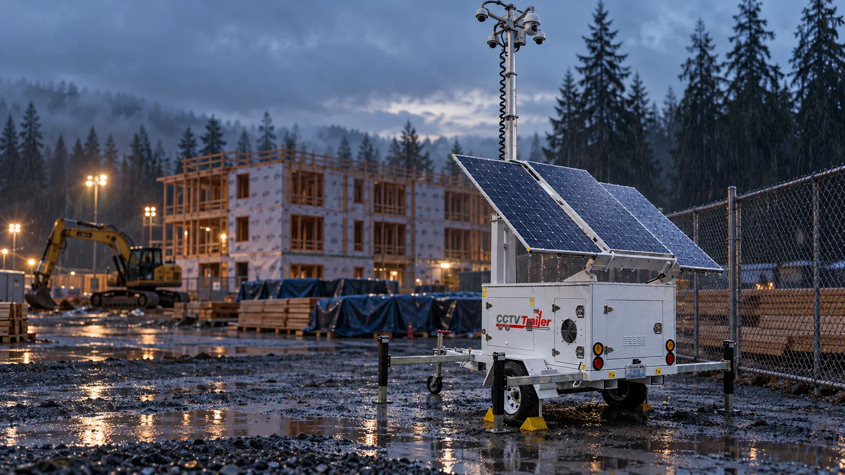 A solar-powered CCTV Trailer mobile surveillance unit parked beside the chain-link fence of a Tacoma-area construction site at dusk on a rainy December afternoon, with a framed building, an excavator and stacked lumber behind it