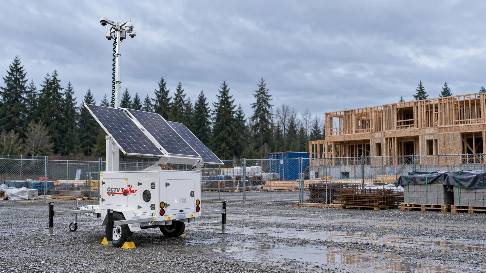 A solar-powered CCTV Trailer surveillance unit parked in an open, unshaded part of a gravel construction lot near Olympia, Washington, on an overcast November day, with Douglas firs only along the far edge of the site