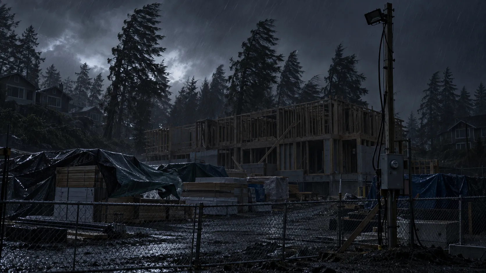 A Western Washington construction site at night during a windstorm power outage, with rain blowing sideways, Douglas firs bending, an unlit floodlight on a temporary power pole and dark houses in the background