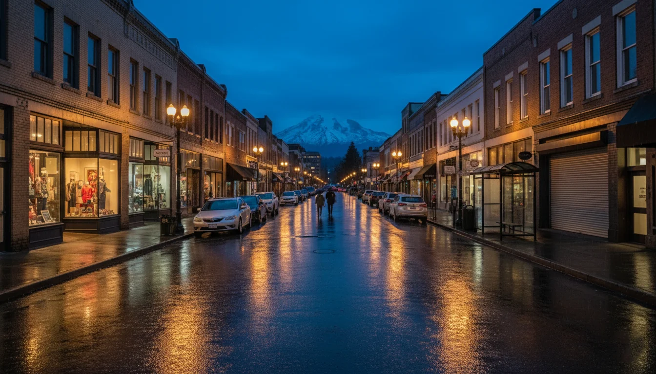 Tacoma downtown commercial street at night with wet sidewalks and storefronts reflecting streetlights