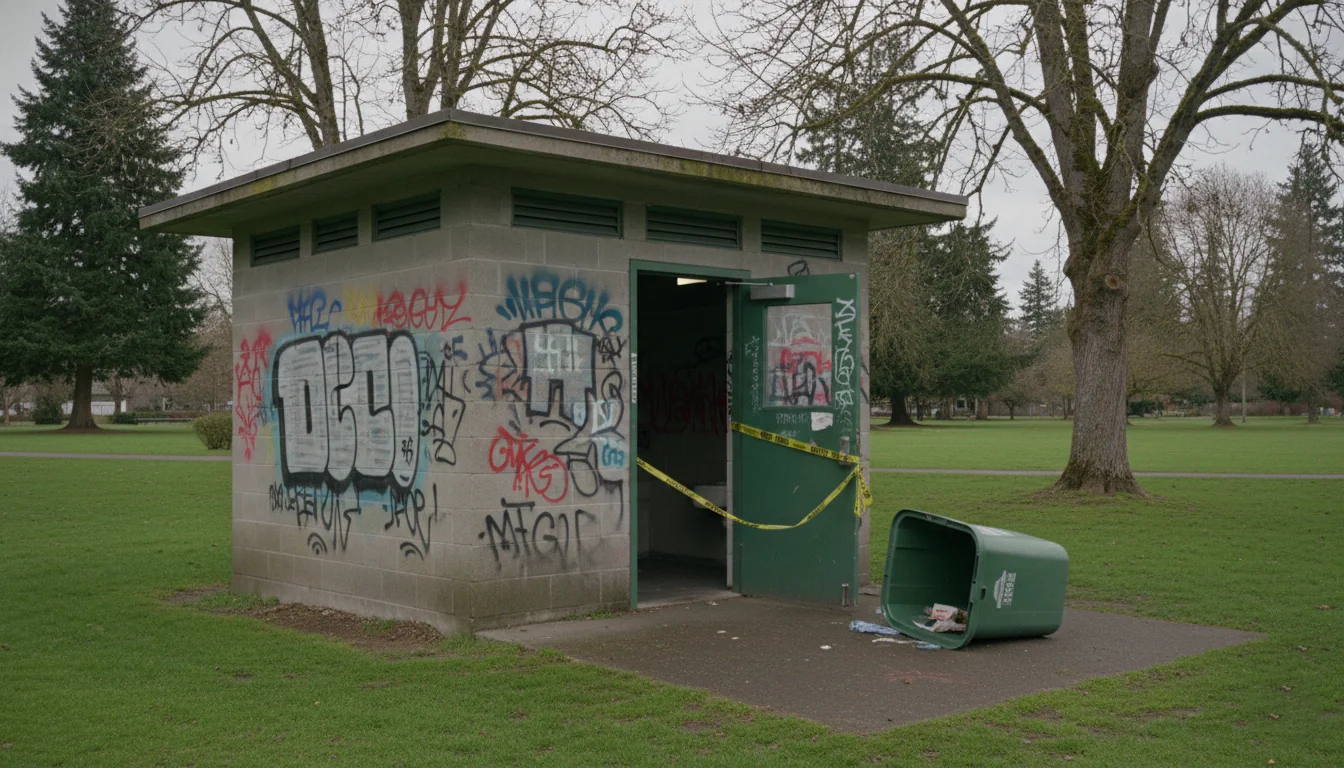 Vandalized public park restroom building in Tacoma showing damage from repeated break-ins and arson