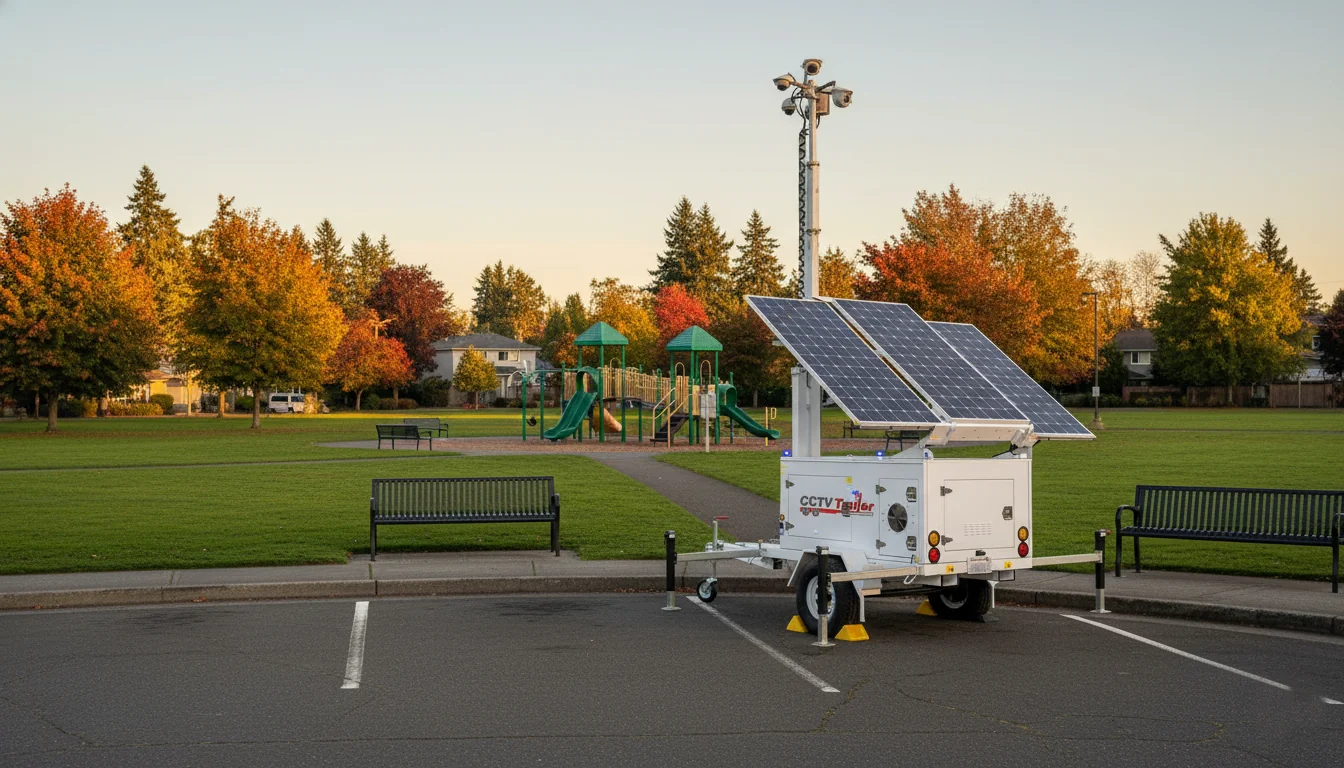 Mobile CCTV surveillance trailer deployed at a public park providing security coverage with solar-powered cameras