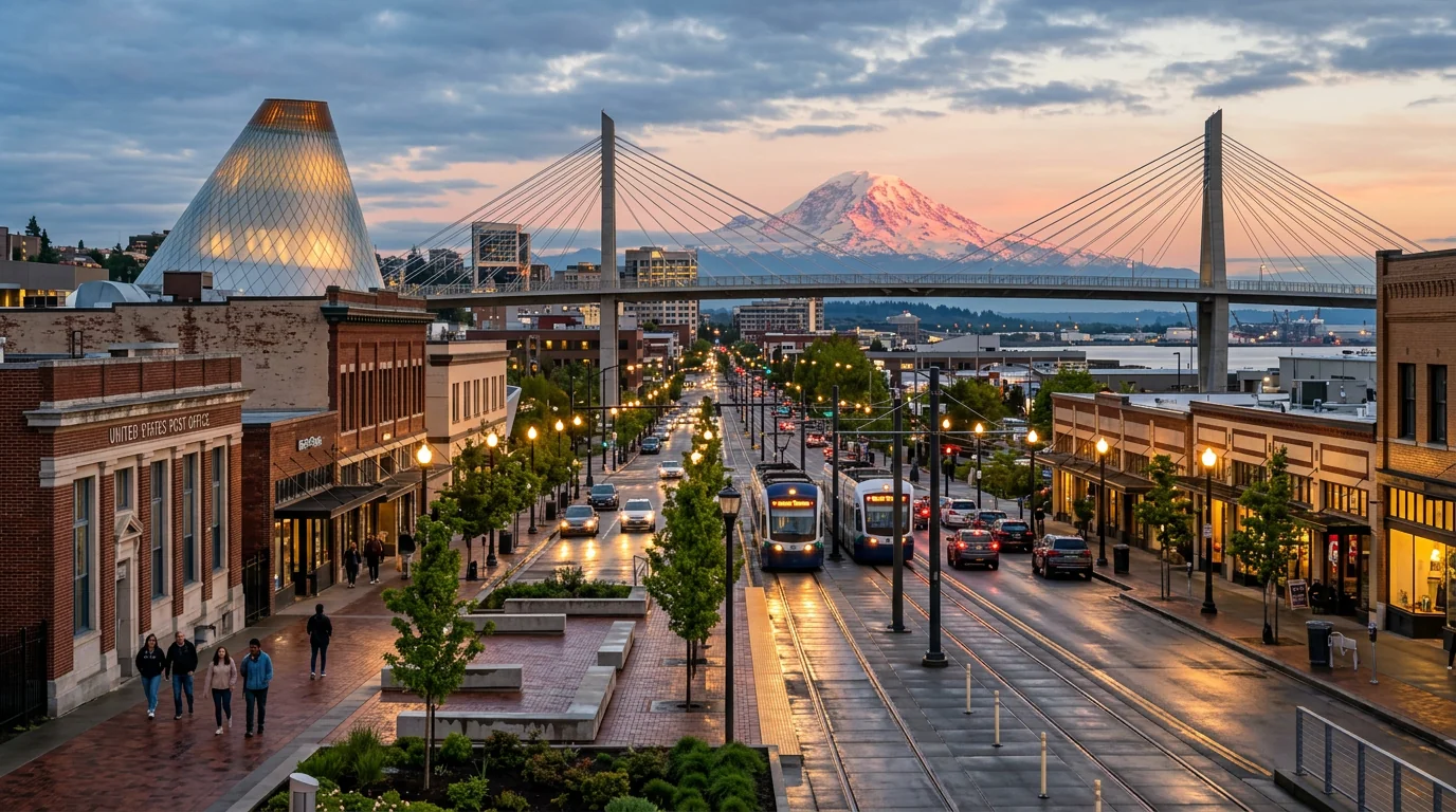 Downtown Tacoma at dusk showing Pacific Avenue, Museum of Glass, cable-stayed bridge, and Mount Rainier — the public spaces at the center of the city's safety improvements