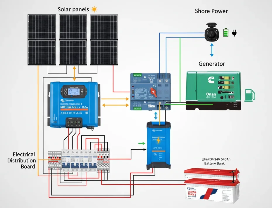 Three-way power system diagram showing solar panels, MPPT controller, battery bank, generator, and shore power integration
