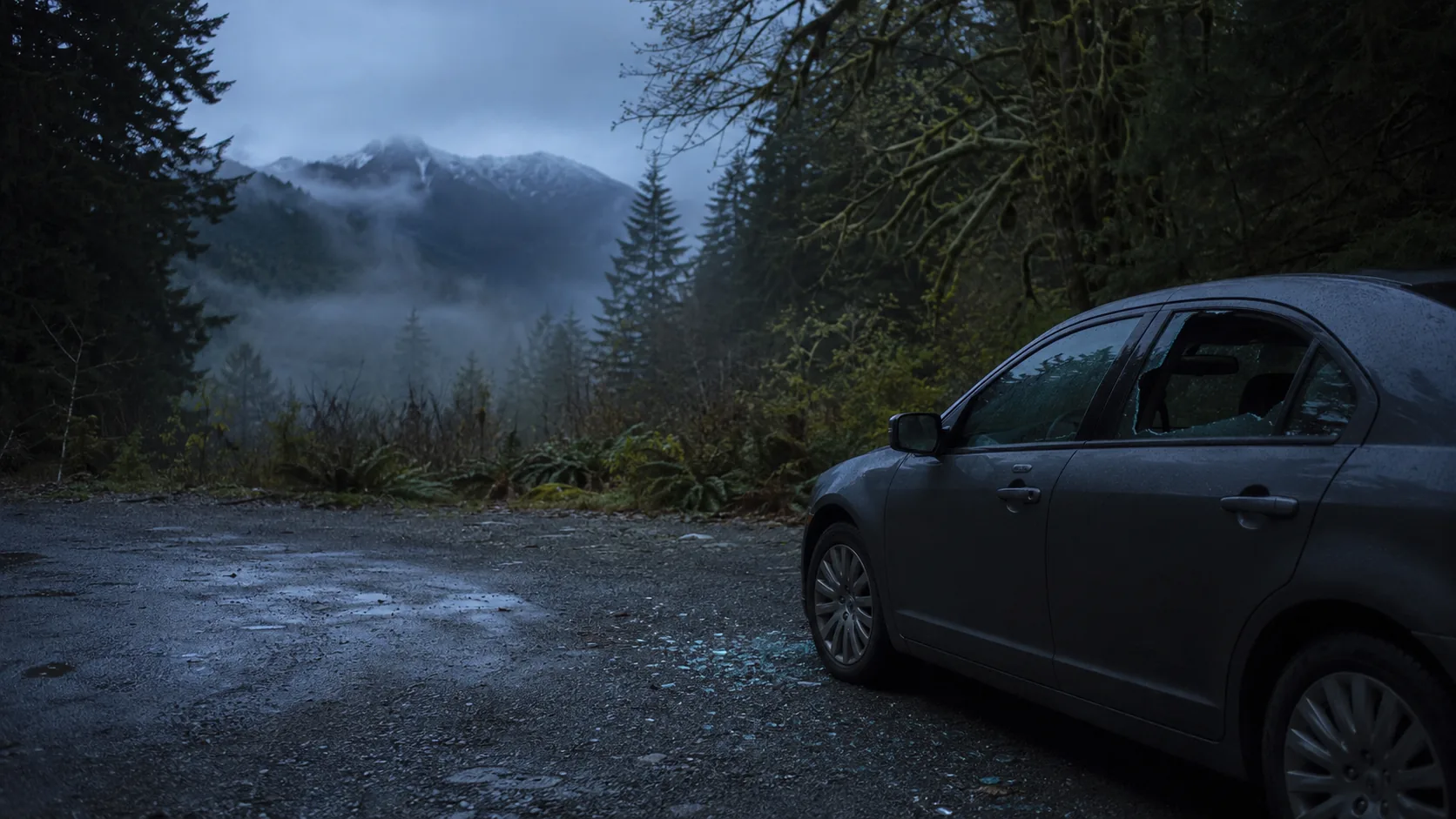 A foggy Pacific Northwest trailhead parking lot at dawn with shattered safety glass on the gravel near a parked vehicle, illustrating the trailhead car-prowl pattern across Western Washington