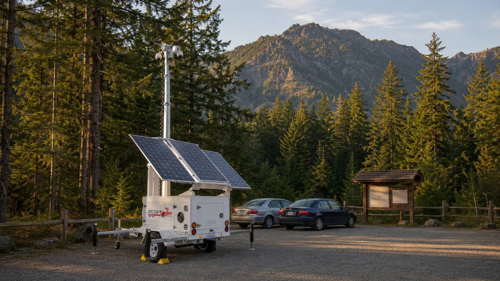 A solar-powered mobile surveillance trailer with extended camera mast parked at the edge of a Pacific Northwest forest trailhead parking lot in late-afternoon light