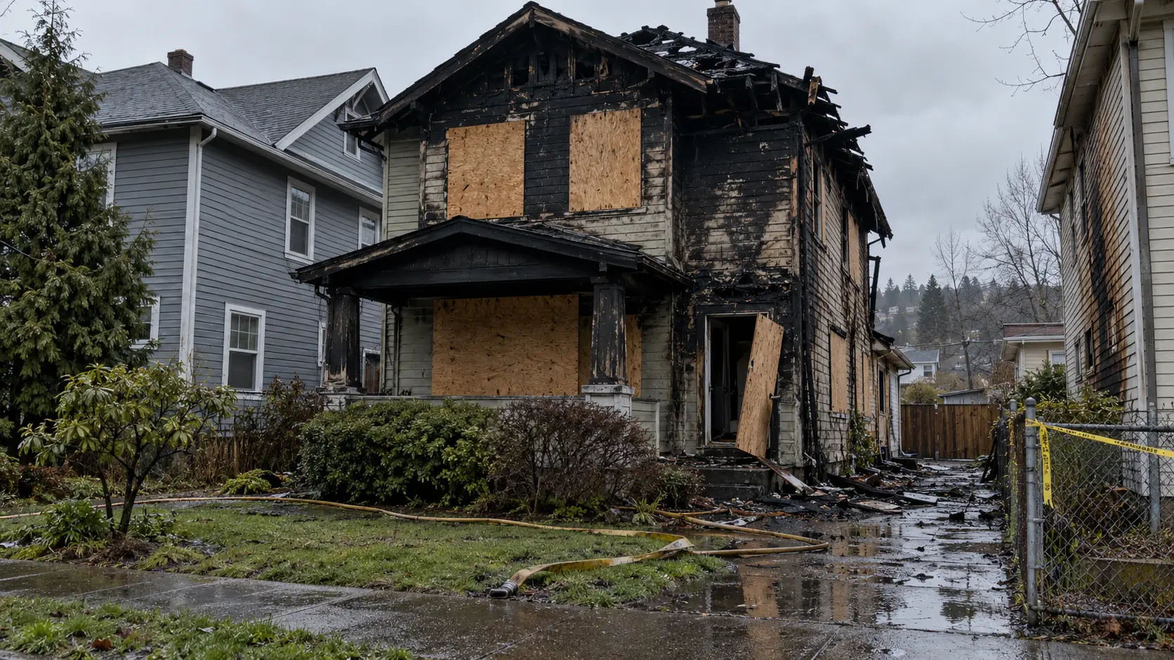 A vacant two-story wood-frame house in Seattle the morning after a fire, with charred siding above plywood-covered windows, a pried-loose board at a side door, and a fire hose on the wet lawn