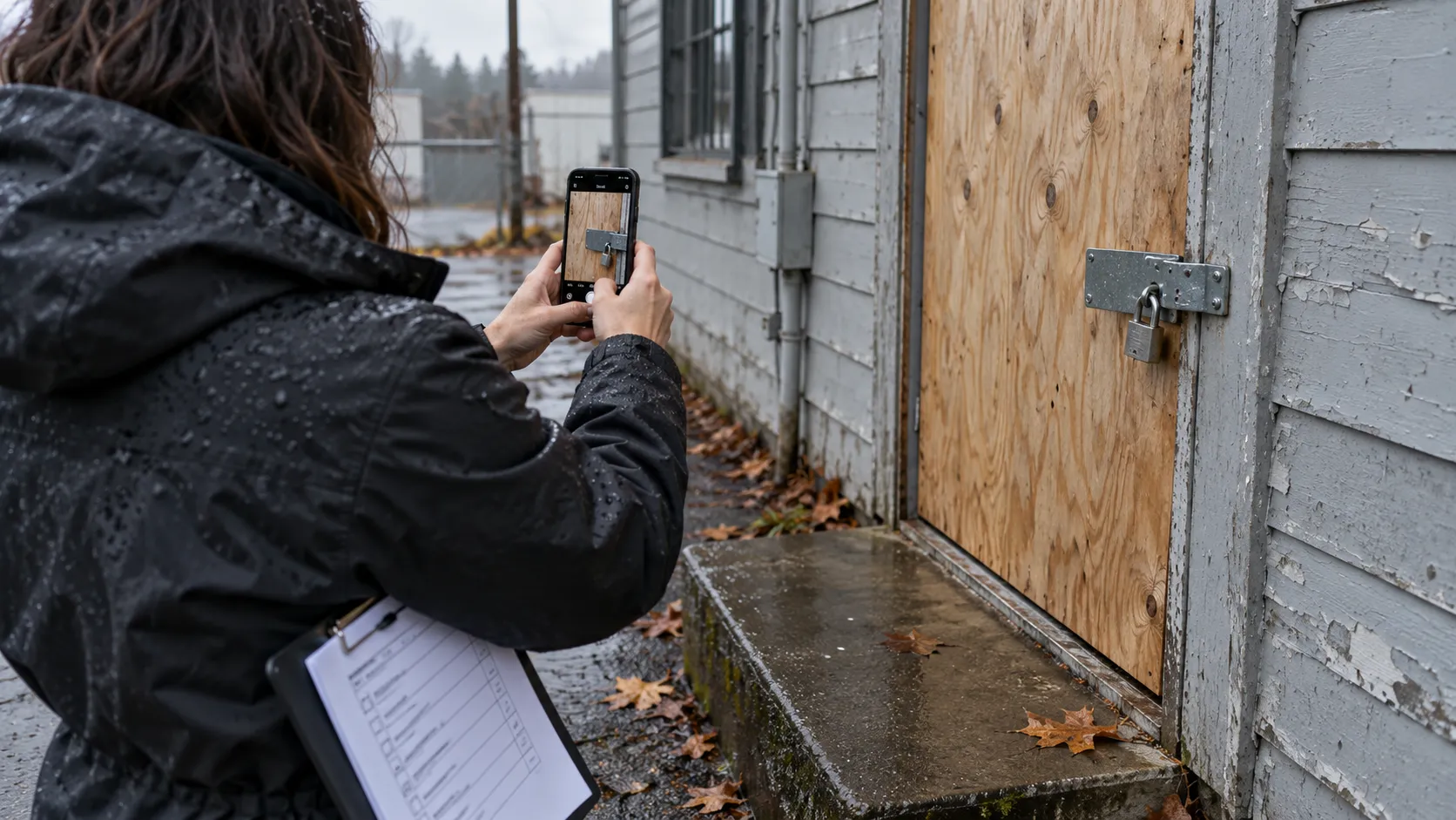 A property manager in a rain jacket photographing a padlocked hasp on a plywood-covered back door of a vacant commercial building, with an inspection checklist under one arm