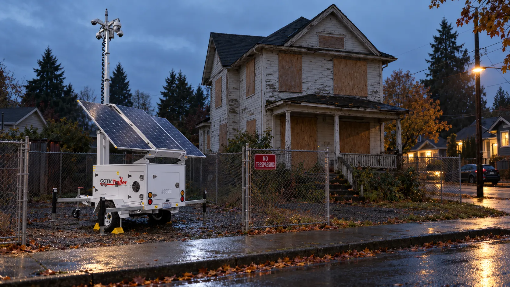 A solar-powered CCTV Trailer mobile surveillance unit parked inside a chain-link fence beside a vacant, boarded-up two-story house in a Tacoma neighborhood at dusk