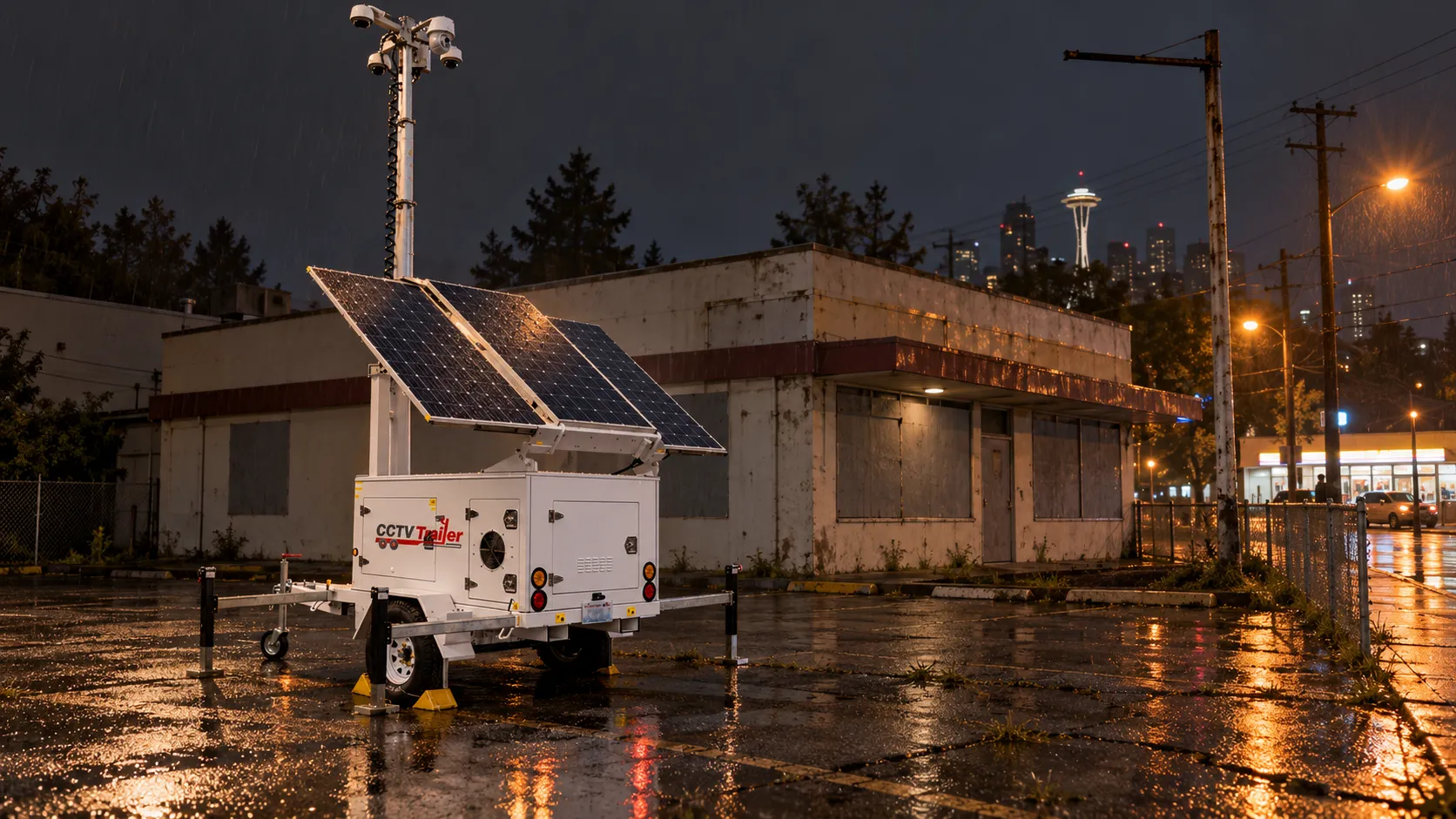 A solar-powered CCTV Trailer surveillance unit at night in the rain, parked at the corner of an empty parking lot beside a closed, plywood-covered former restaurant building in a Seattle neighborhood, with the Space Needle in the distance