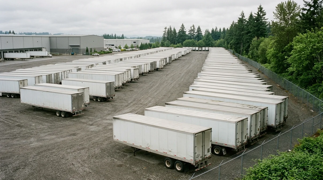 Rows of unattended freight trailers parked at a distribution center lot in the Kent Valley warehouse district south of Seattle
