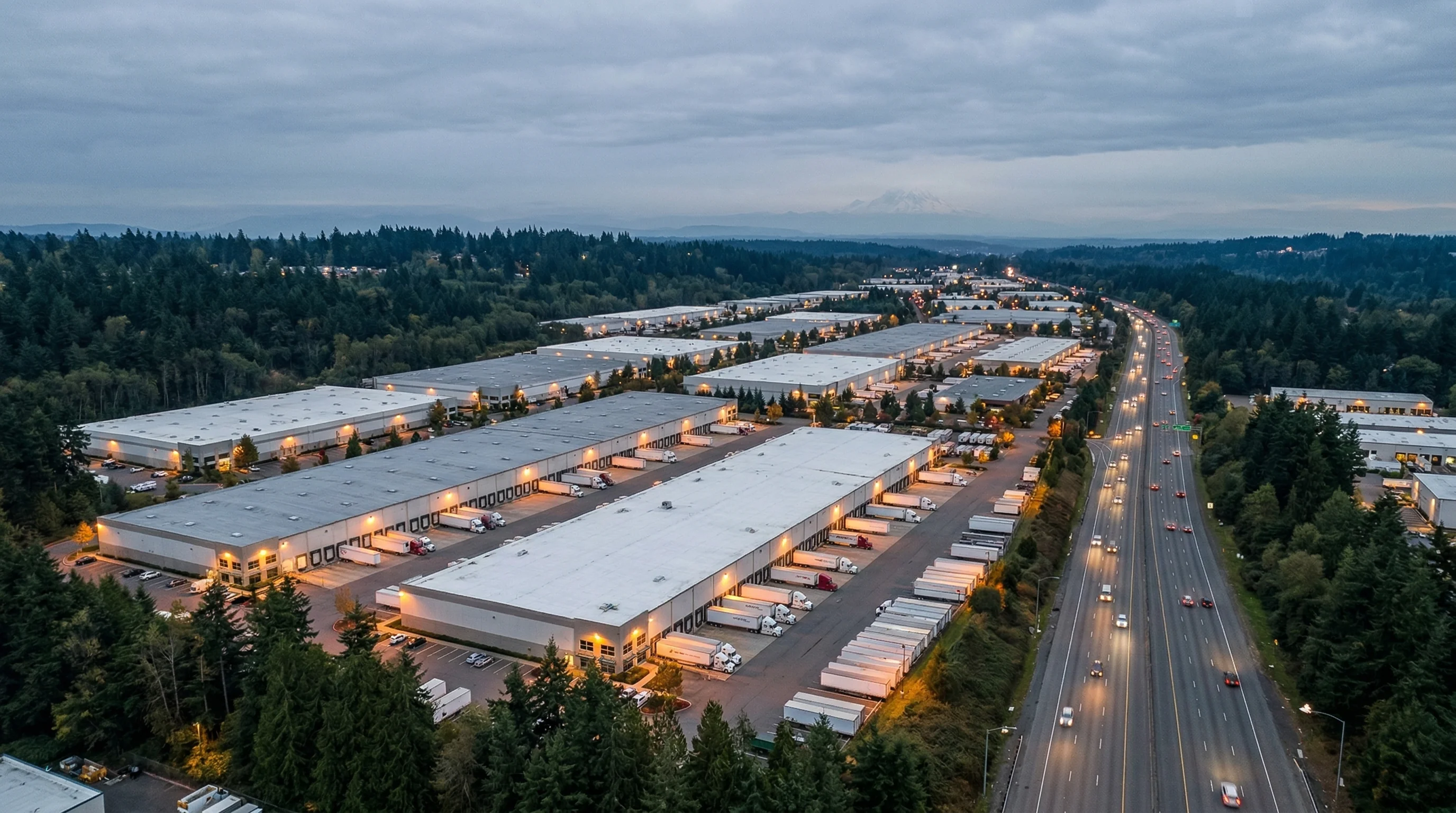 Aerial view of warehouse district and freight yards along the I-5 corridor between Seattle and Tacoma Washington