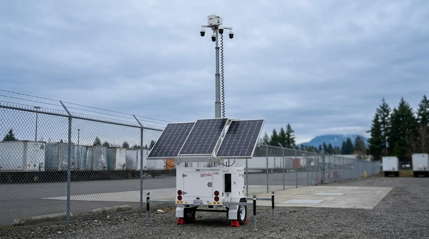 Mobile CCTV surveillance trailer with elevated camera mast deployed at a warehouse yard providing overnight perimeter security coverage