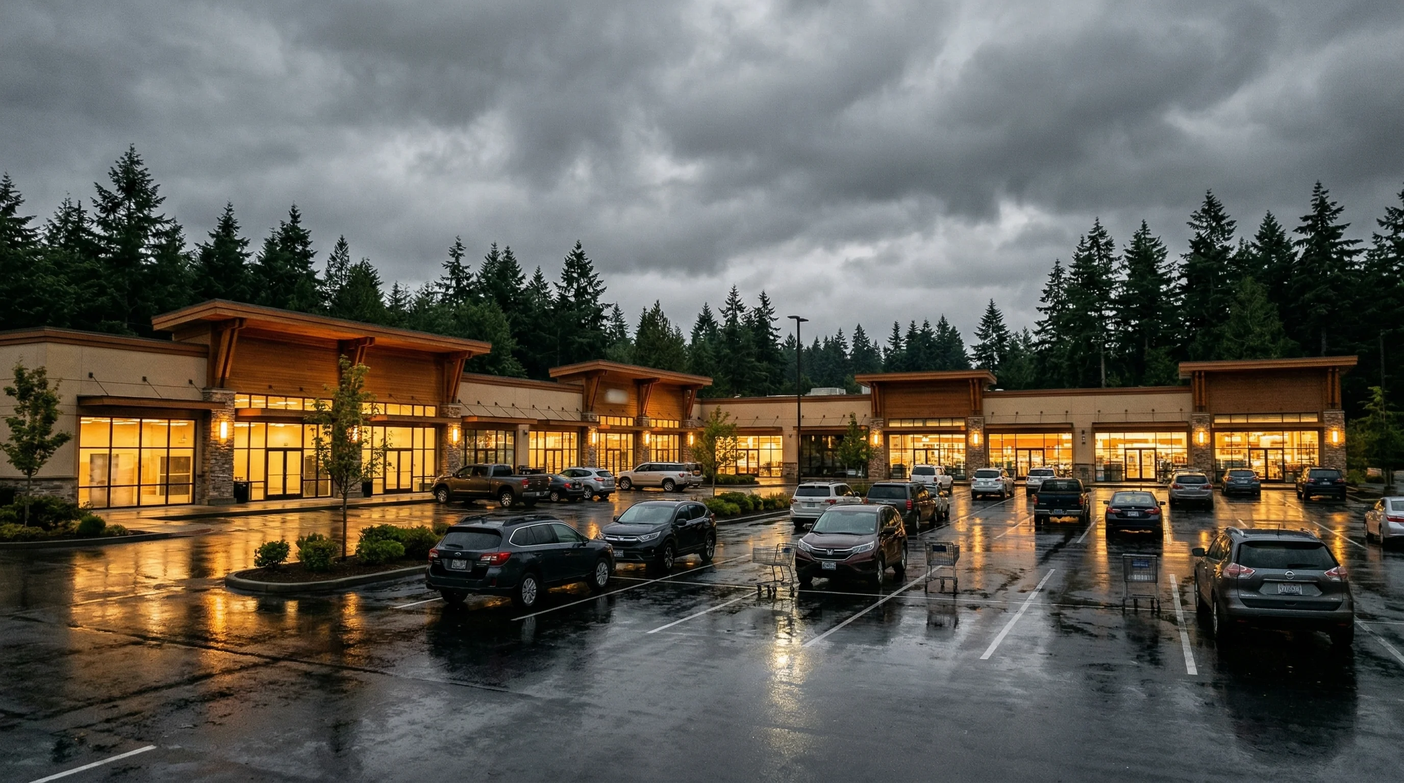 Retail shopping center parking lot in the Puget Sound region at dusk with storefronts and parked vehicles